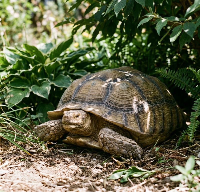 An African Spurred Tortoise resting in the deep shade of a large green bush during a sunny day.