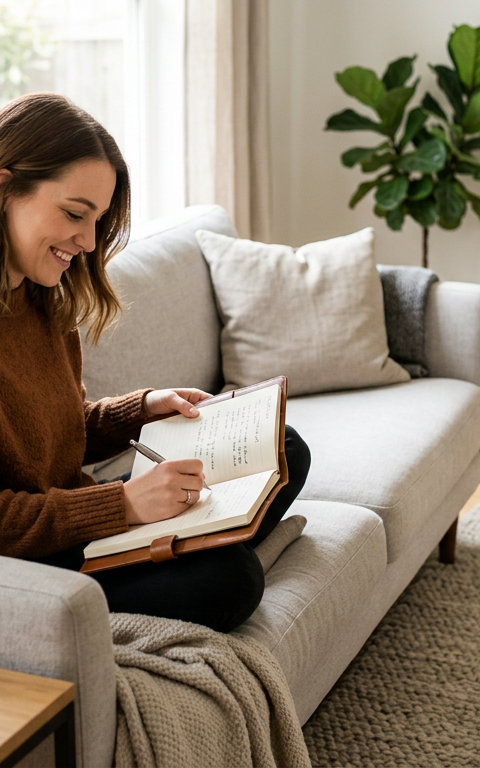 A dog owner calmly observing their Labrador's body language in a sunny living room setting.