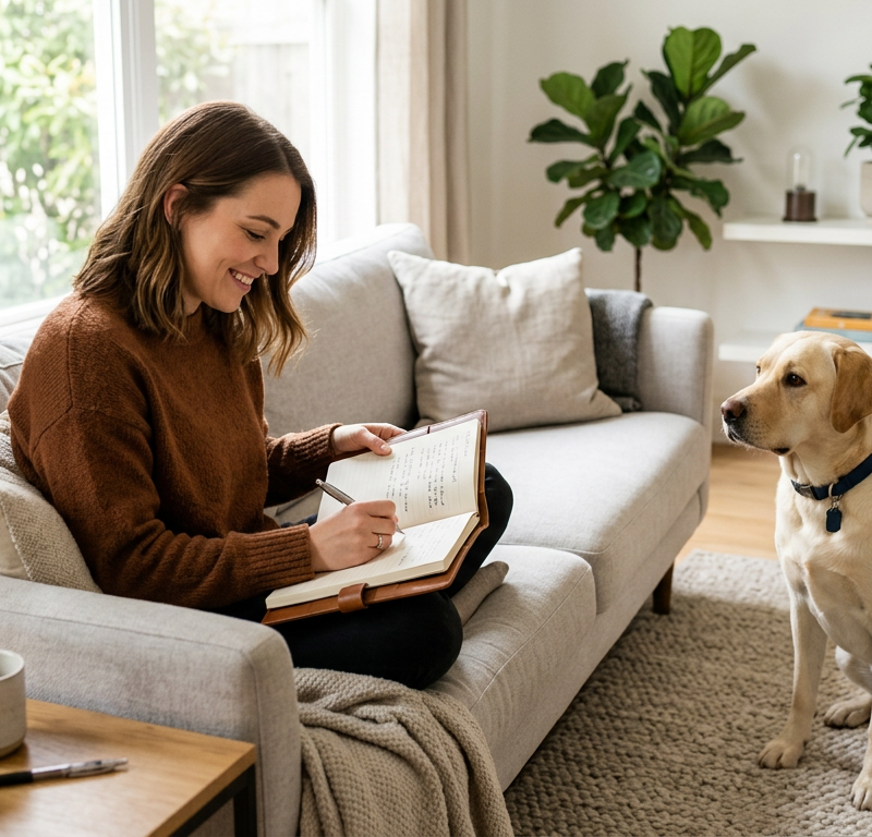 A dog owner calmly observing their Labrador's body language in a sunny living room setting.