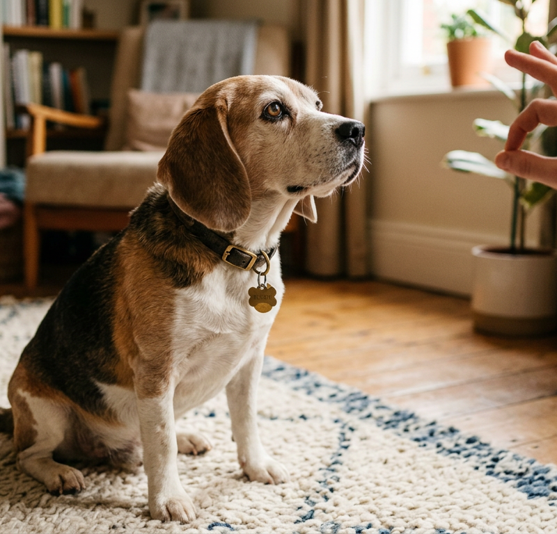 A focused older Beagle learning a hand signal from its owner in a cozy living room.