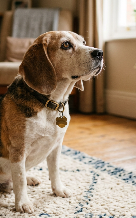 A focused older Beagle learning a hand signal from its owner in a cozy living room.