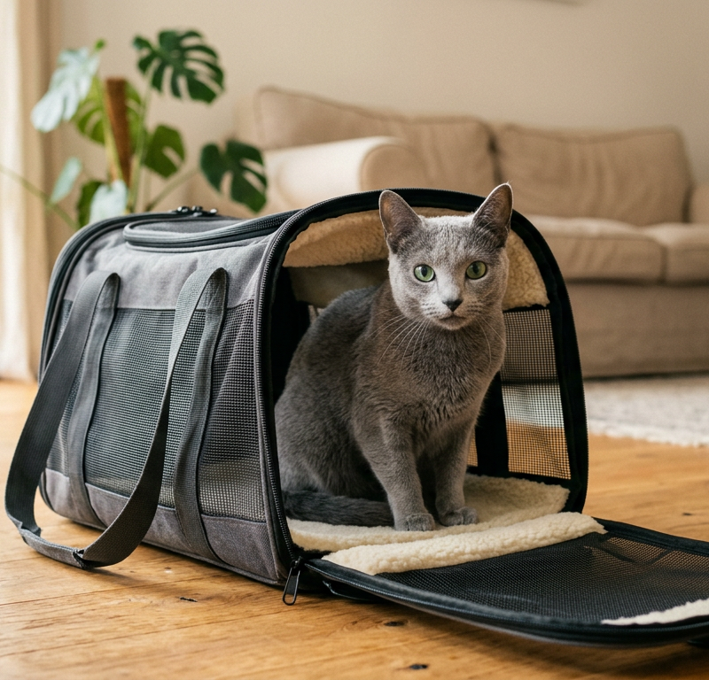 A calm Russian Blue cat sitting comfortably inside a modern grey pet carrier with mesh windows.