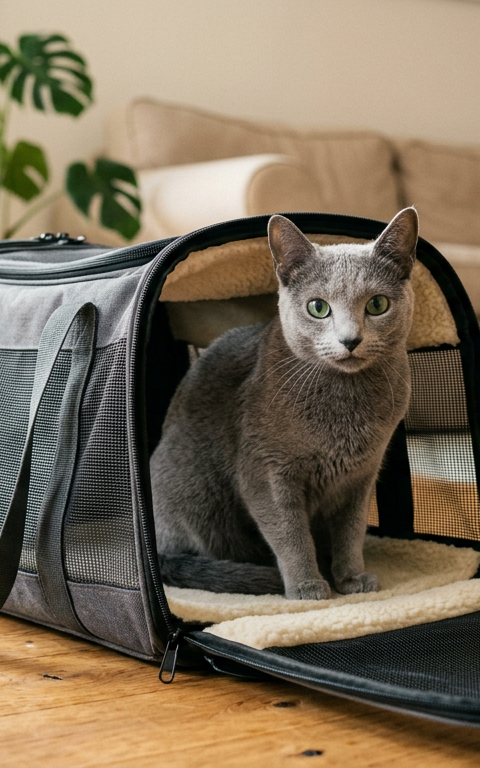 A calm Russian Blue cat sitting comfortably inside a modern grey pet carrier with mesh windows.