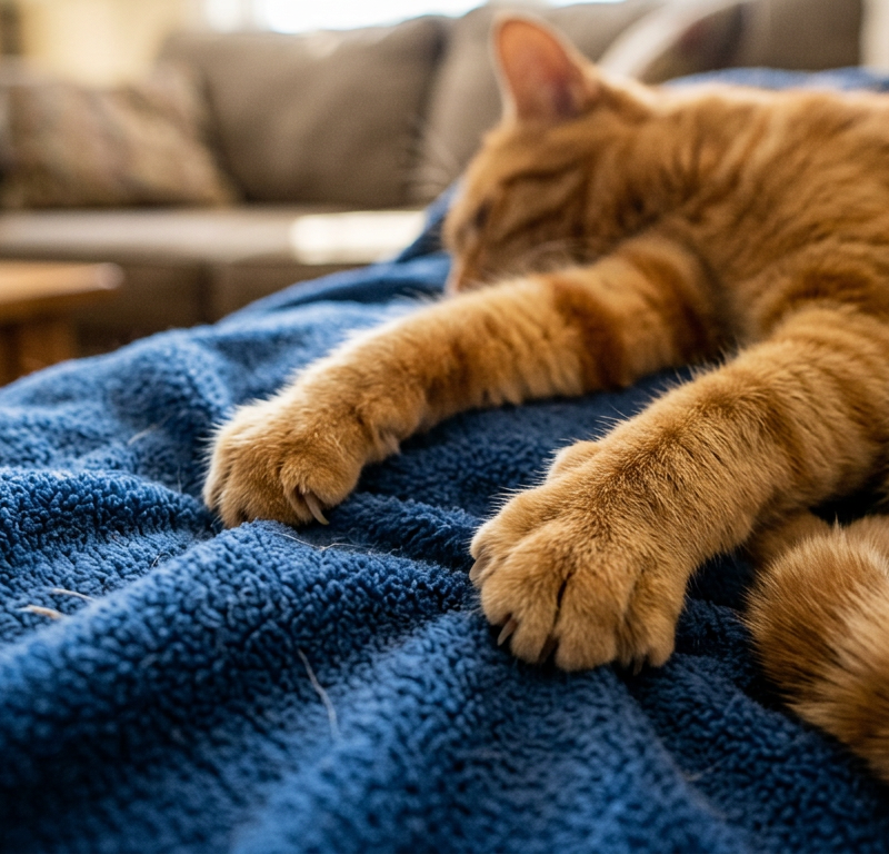 A fluffy ginger tabby cat kneading a soft blue fleece blanket on a cozy sofa.