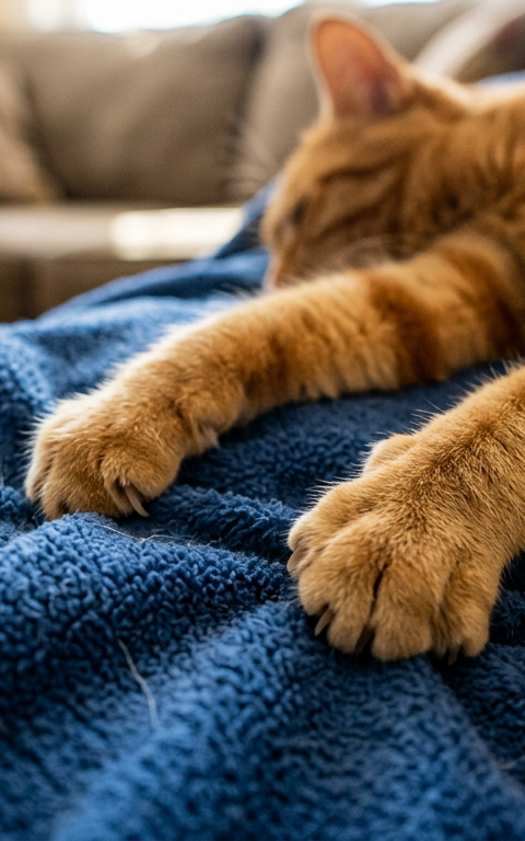 A fluffy ginger tabby cat kneading a soft blue fleece blanket on a cozy sofa.