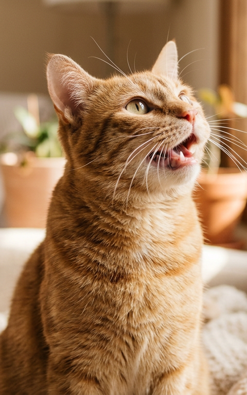 A ginger tabby cat looking up with its mouth open as if meowing to its owner in a bright room.