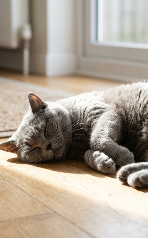 A fluffy British Shorthair cat curled up in a tight ball sleeping in a warm sunbeam on a wooden floor.
