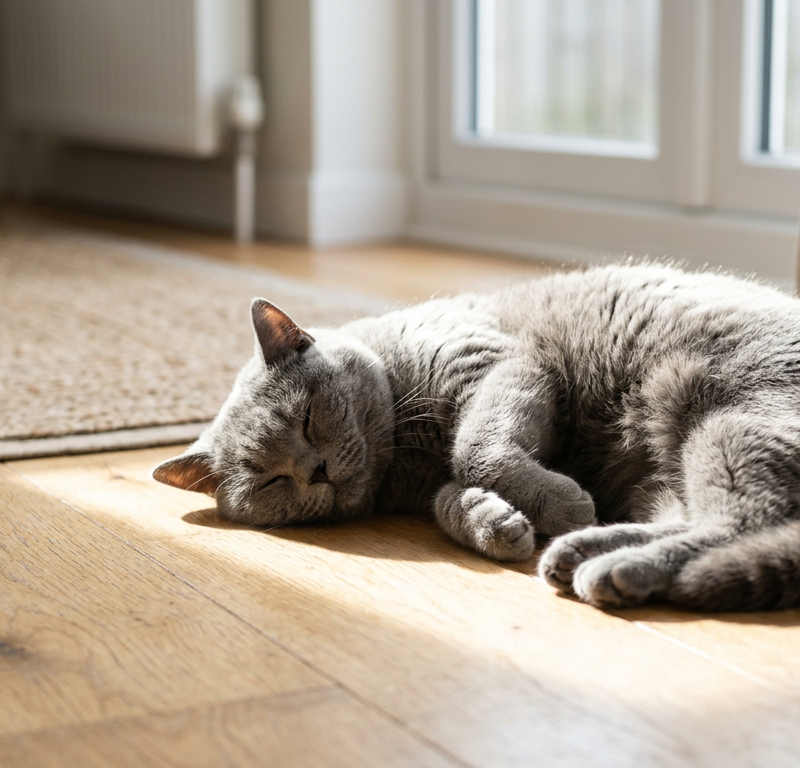 A fluffy British Shorthair cat curled up in a tight ball sleeping in a warm sunbeam on a wooden floor.