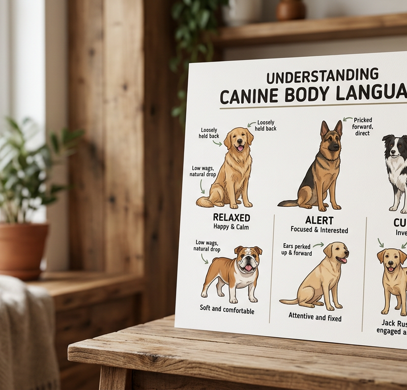 A collection of dog illustrations showing different body postures, ear positions, and tail heights for communication.