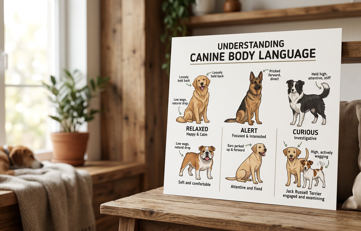 A collection of dog illustrations showing different body postures, ear positions, and tail heights for communication.
