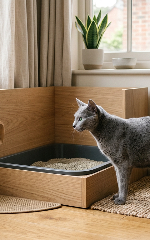 A sleek Russian Blue cat sitting calmly next to a clean, modern litter box in a quiet room.