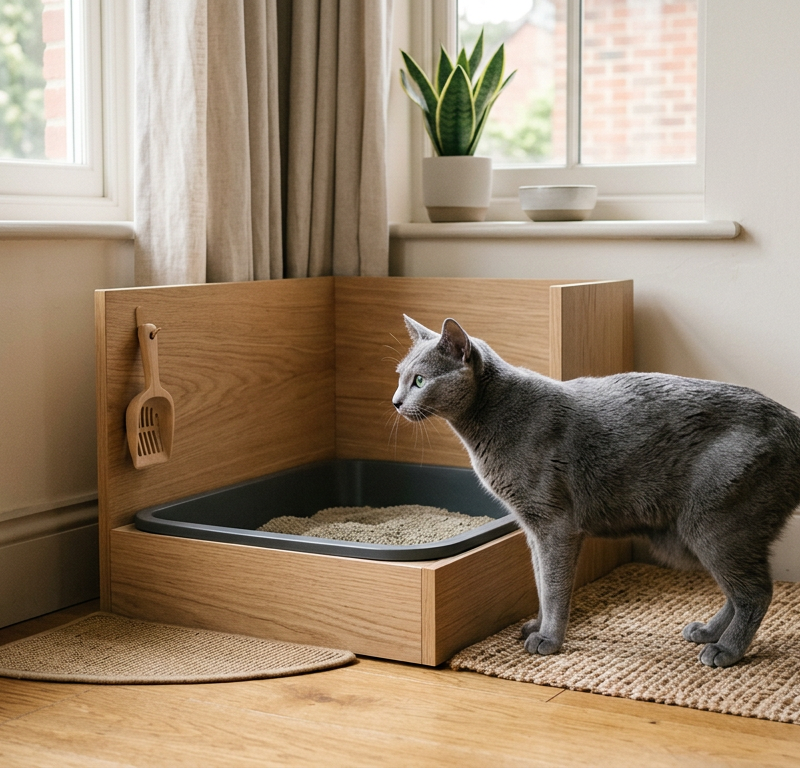 A sleek Russian Blue cat sitting calmly next to a clean, modern litter box in a quiet room.