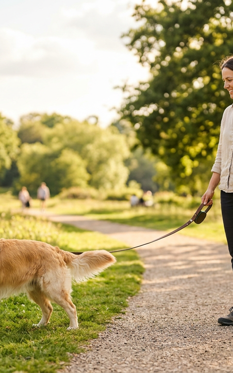 A person walking a dog on a leash in a green park, observing the dog's behavior.