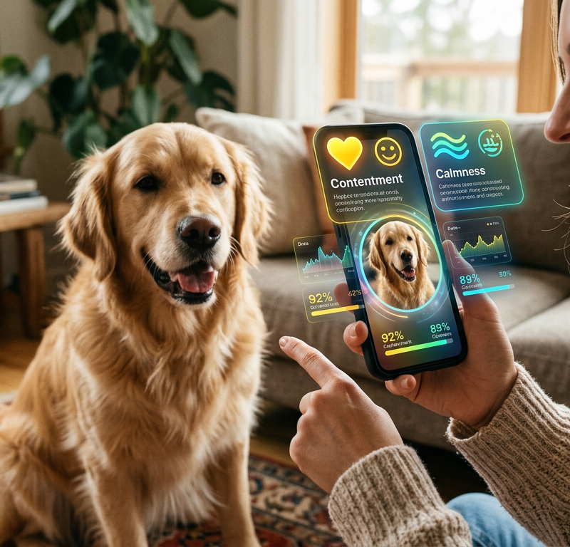 A digital interface overlaying a Golden Retriever, showing heart rate and emotional state indicators in a warm home environment.