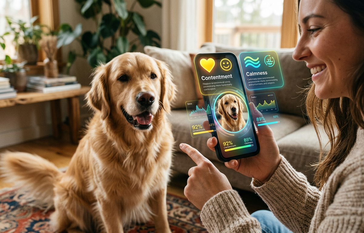 A digital interface overlaying a Golden Retriever, showing heart rate and emotional state indicators in a warm home environment.
