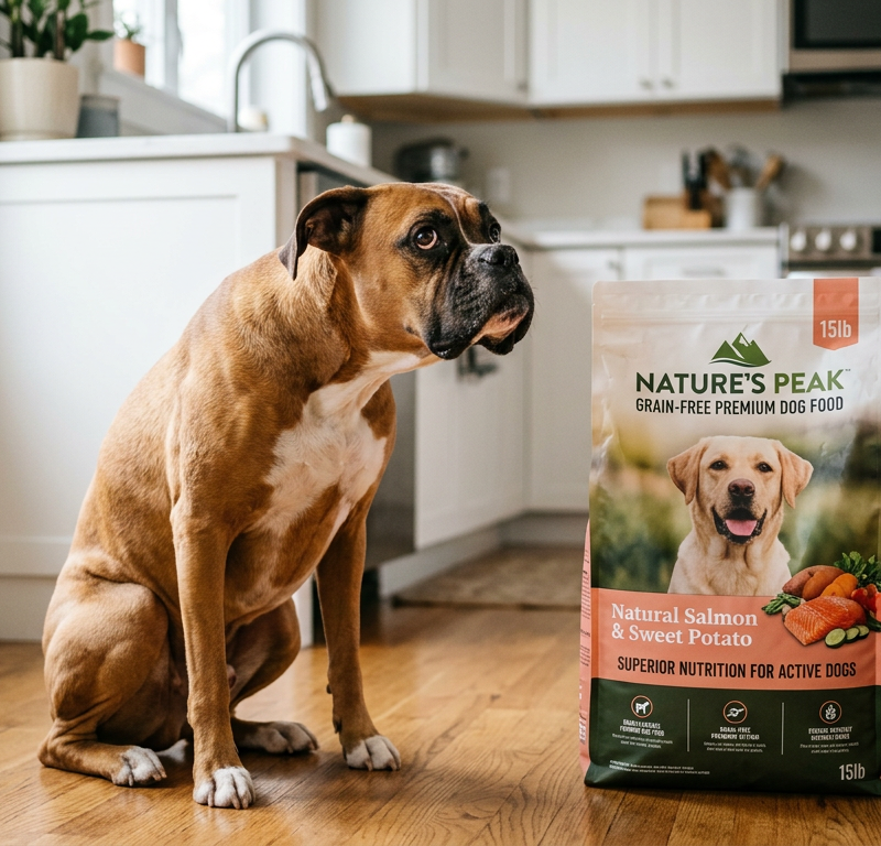 A close-up of a Boxer dog sitting next to a colorful bag of dog food in a modern kitchen.