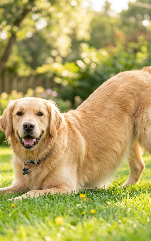A happy Border Collie performing a classic play bow on green grass with its rear end up.