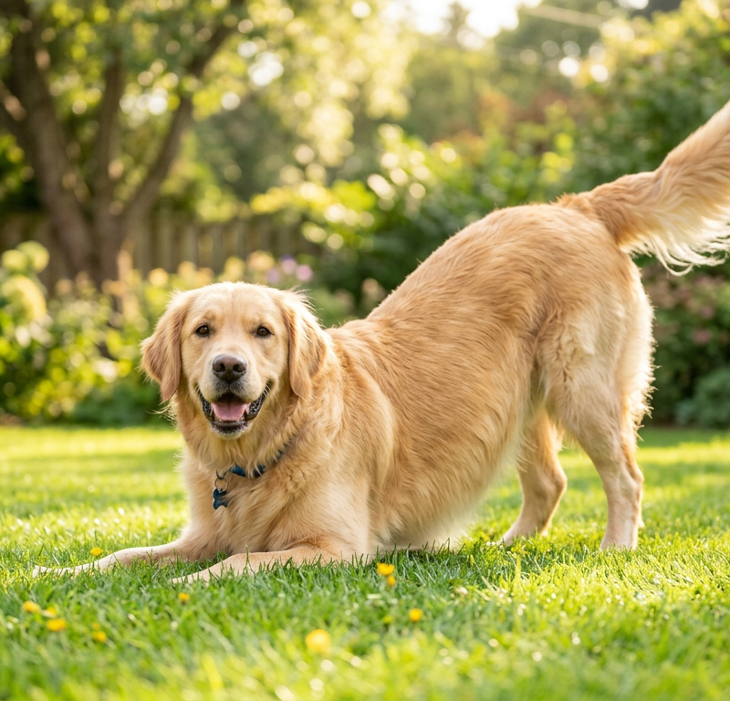 A happy Border Collie performing a classic play bow on green grass with its rear end up.
