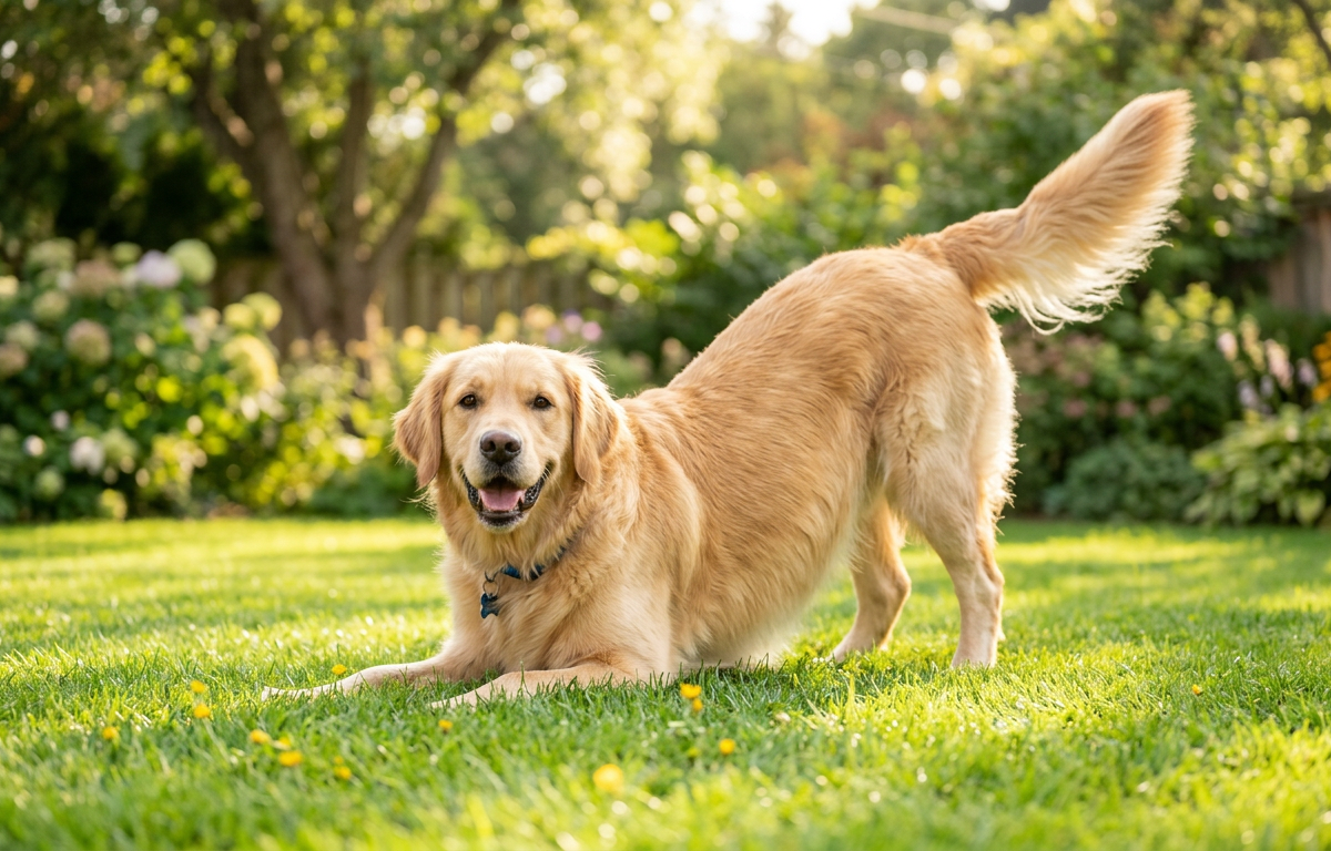 A happy Border Collie performing a classic play bow on green grass with its rear end up.