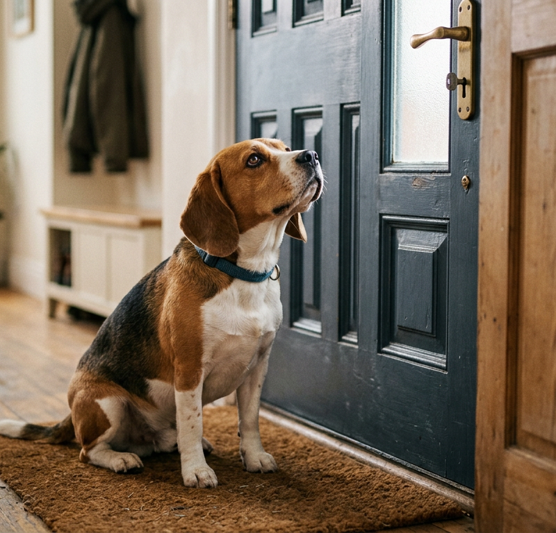 A worried Beagle sitting by a wooden front door looking lonely and waiting for its owner.
