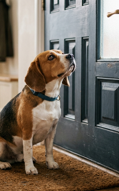 A worried Beagle sitting by a wooden front door looking lonely and waiting for its owner.