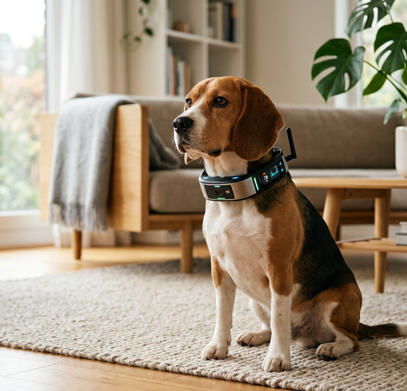 A sleek Beagle wearing a smart collar with a glowing blue LED status light in a modern living room.