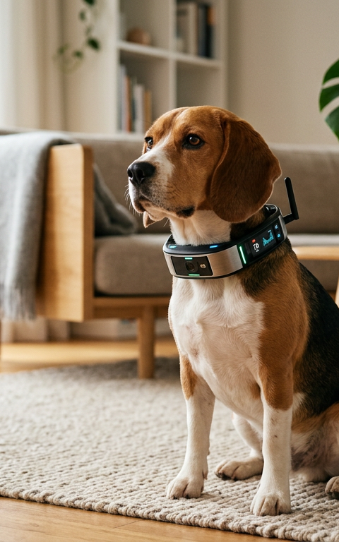 A sleek Beagle wearing a smart collar with a glowing blue LED status light in a modern living room.