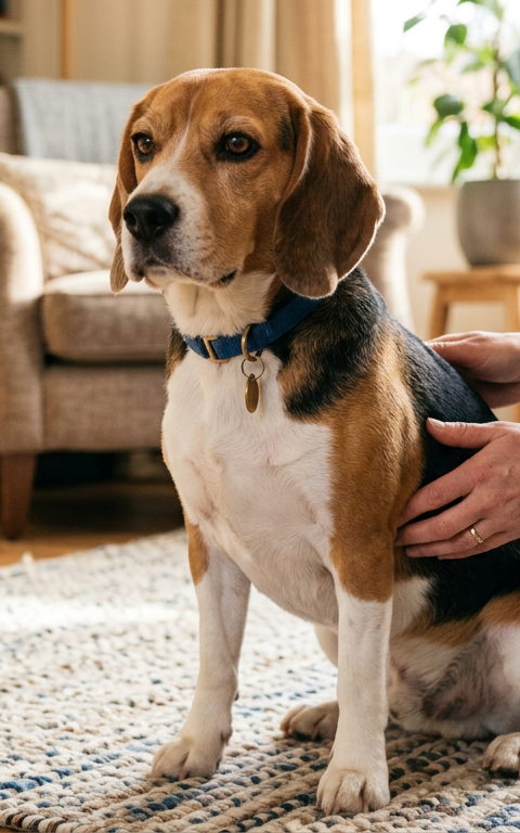 A person gently feeling the ribs of a Beagle to check its body condition score indoors.
