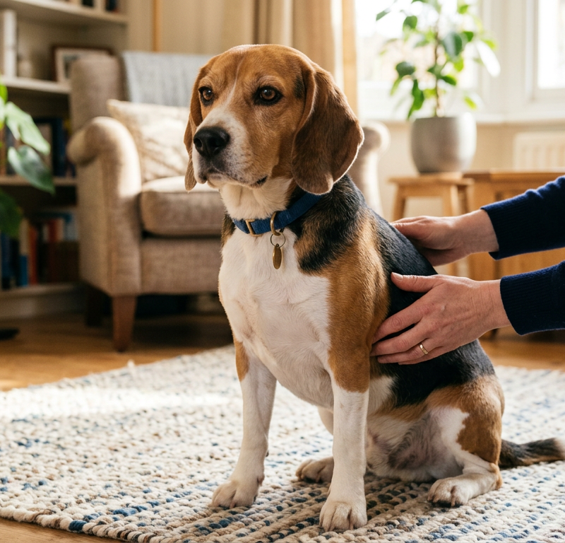 A person gently feeling the ribs of a Beagle to check its body condition score indoors.