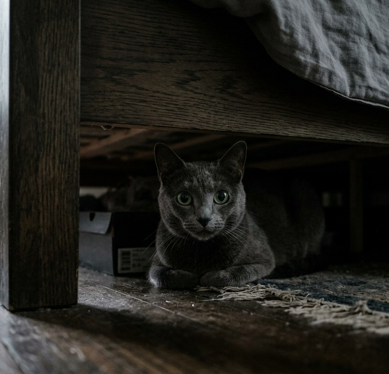A Russian Blue cat hiding under a dark bed looking out with large eyes.