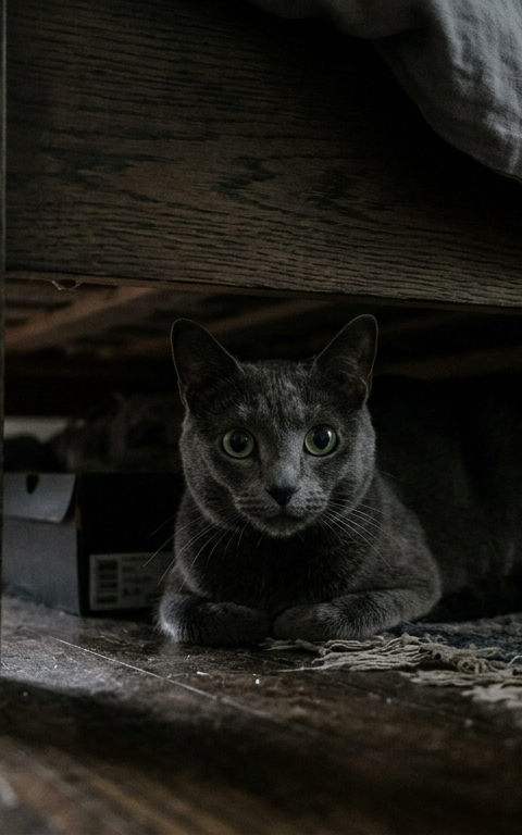 A Russian Blue cat hiding under a dark bed looking out with large eyes.