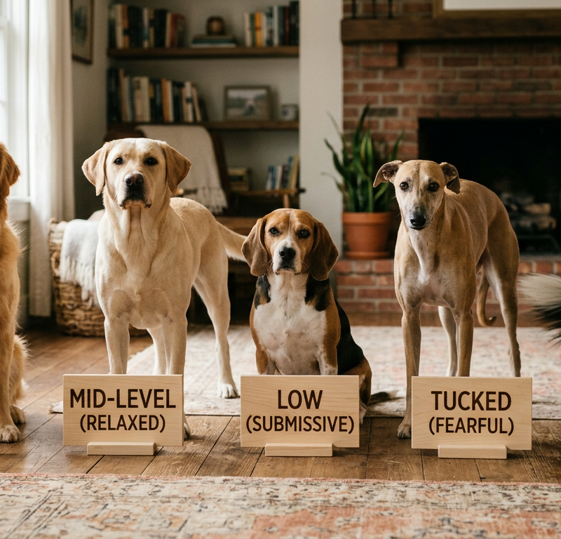 A colorful diagram showing different dog tail positions and their corresponding emotional meanings.