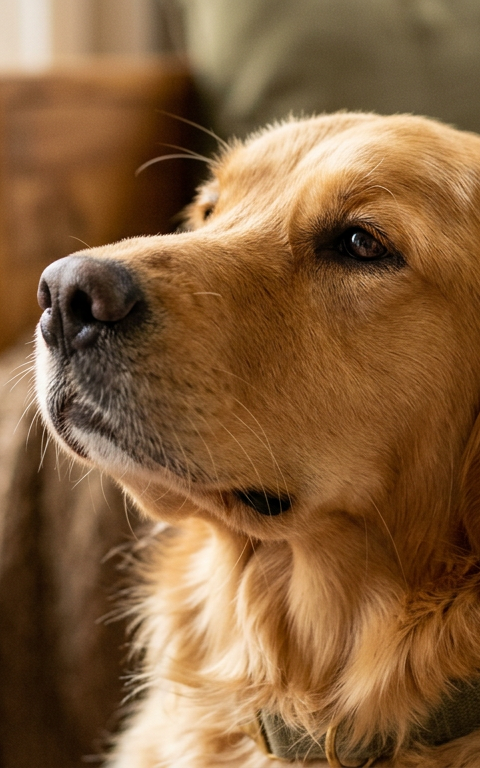 A close-up of a dog with soft, relaxed eyes looking lovingly at its owner.