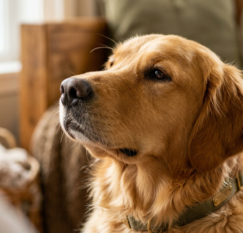 A close-up of a dog with soft, relaxed eyes looking lovingly at its owner.
