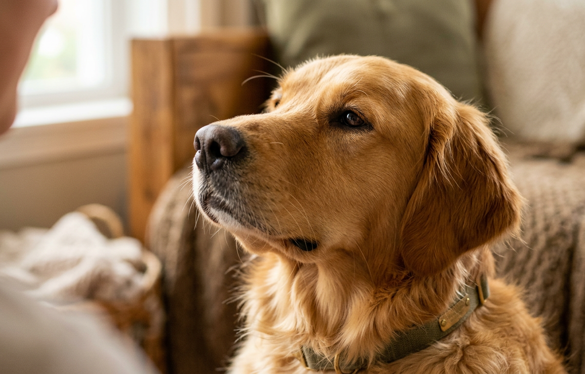 A close-up of a dog with soft, relaxed eyes looking lovingly at its owner.