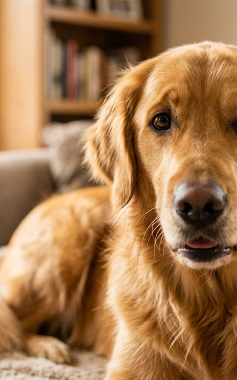 A golden retriever looking directly at the camera with a raised eyebrow and curious expression.