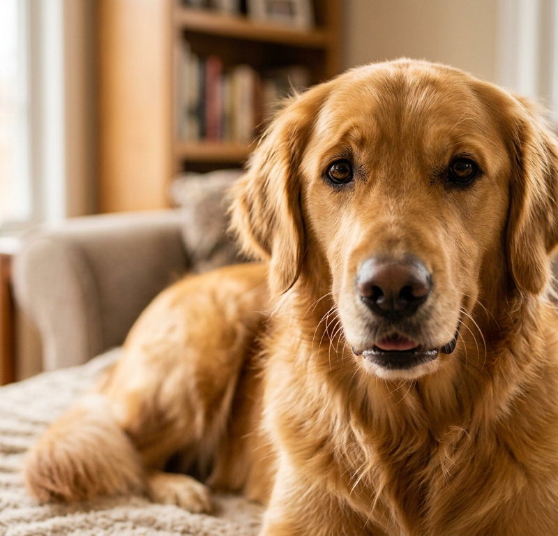 A golden retriever looking directly at the camera with a raised eyebrow and curious expression.