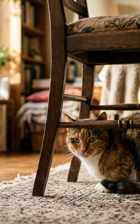 A calm Calico cat hiding under a wooden chair, looking out with slightly dilated pupils.