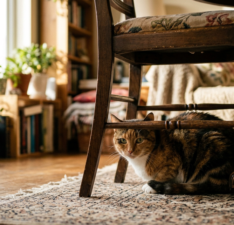 A calm Calico cat hiding under a wooden chair, looking out with slightly dilated pupils.
