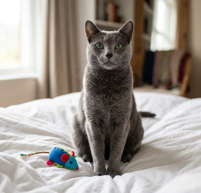 An elegant Russian Blue cat sitting proudly on a bed next to a plush toy mouse gift.