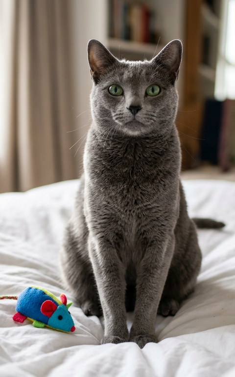 An elegant Russian Blue cat sitting proudly on a bed next to a plush toy mouse gift.