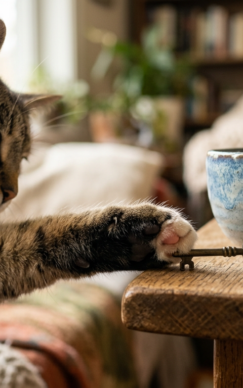 A curious ginger cat using its paw to gently nudge a pencil toward the edge of a wooden table.