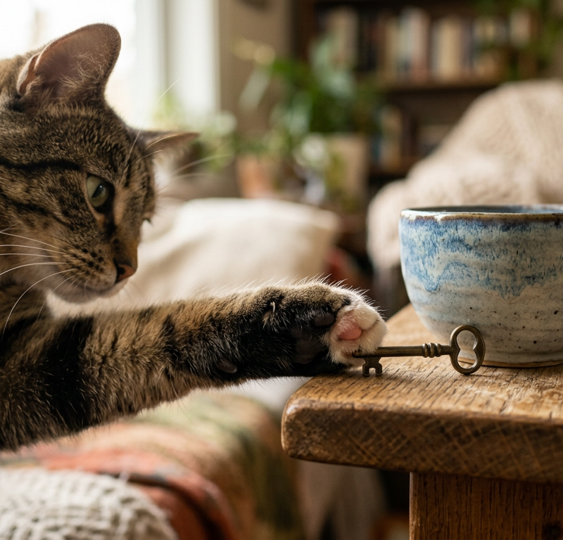 A curious ginger cat using its paw to gently nudge a pencil toward the edge of a wooden table.
