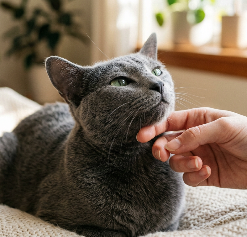 A close up of a relaxed Russian Blue cat purring while being petted by a person.