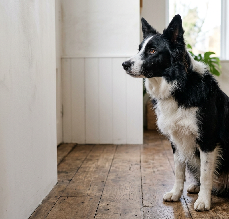 A black and white Border Collie sitting in a living room staring intently at a sunlit wall.