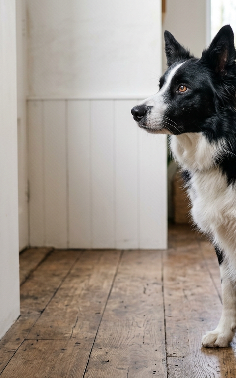 A black and white Border Collie sitting in a living room staring intently at a sunlit wall.