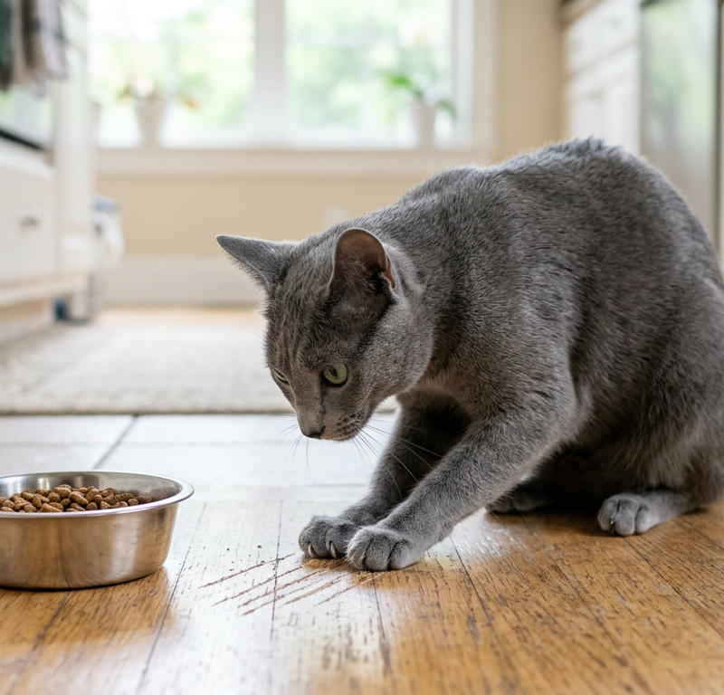 A sleek Russian Blue cat using its front paw to scratch the wooden floor next to a ceramic food dish.