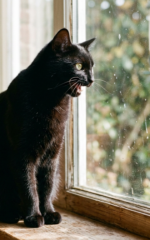 A Siamese cat sitting on a wooden windowsill looking intently through the glass at a bird outside.