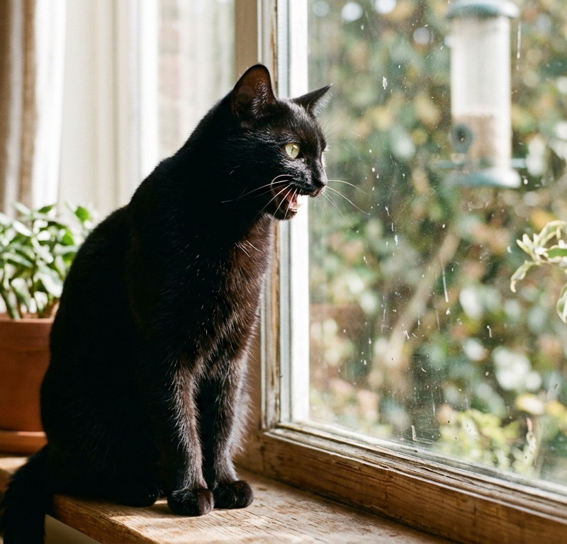 A Siamese cat sitting on a wooden windowsill looking intently through the glass at a bird outside.