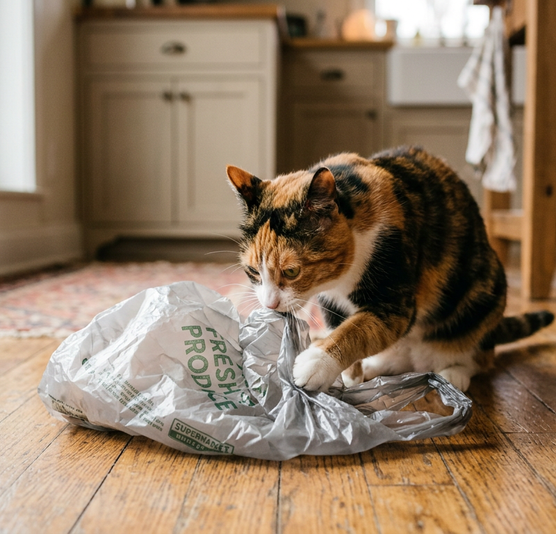 A curious calico cat sniffing and pawing at a crinkly plastic grocery bag on a kitchen floor.